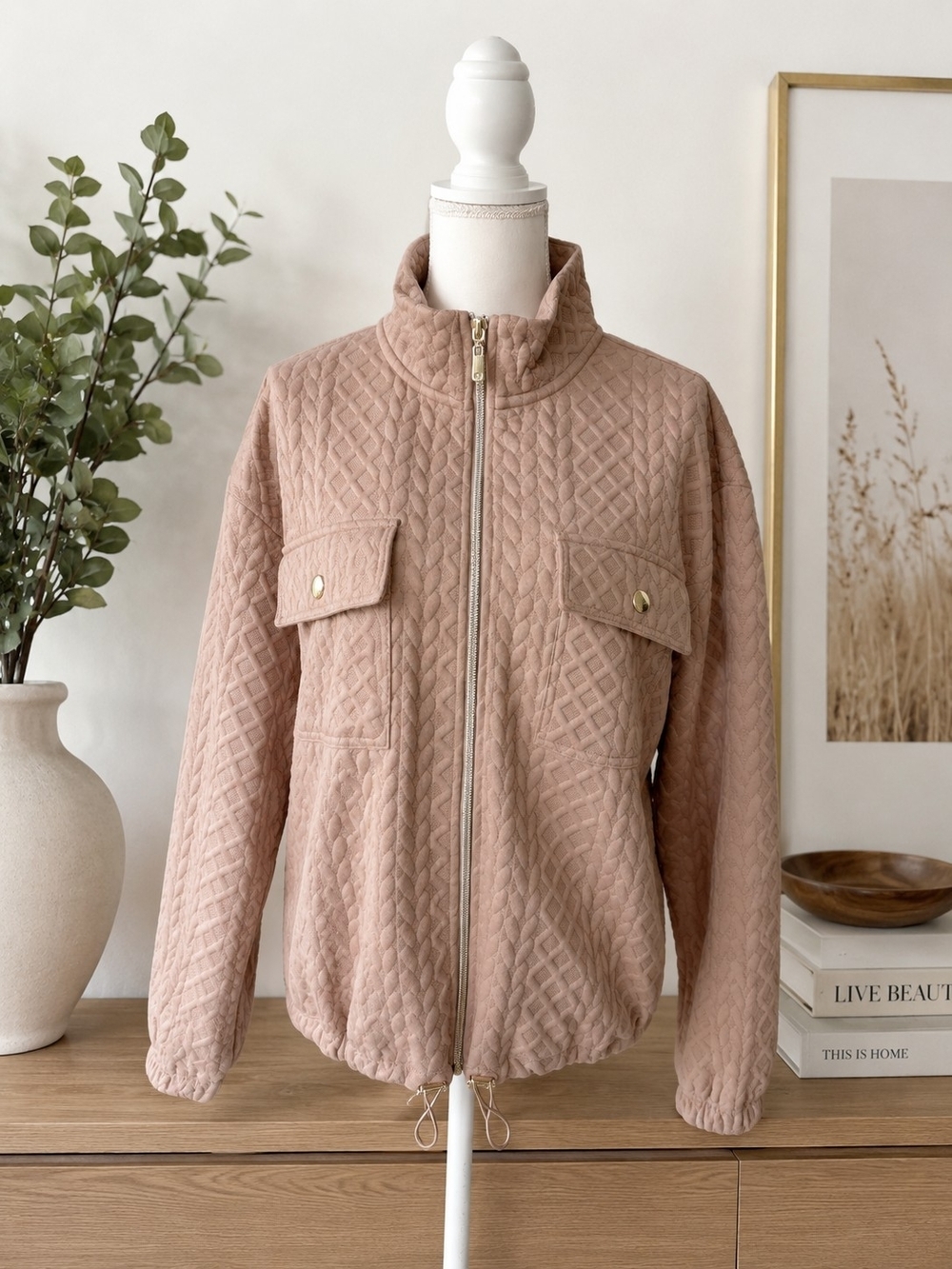Nanette Lepore Blush Quilted Textured Zip Jacket Utility Pocket Stretch Size M